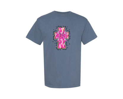 brand:Comfort Colors|color:Blue Jean|Jesus Valentine Cross Coquette Bow Graphic T-Shirt