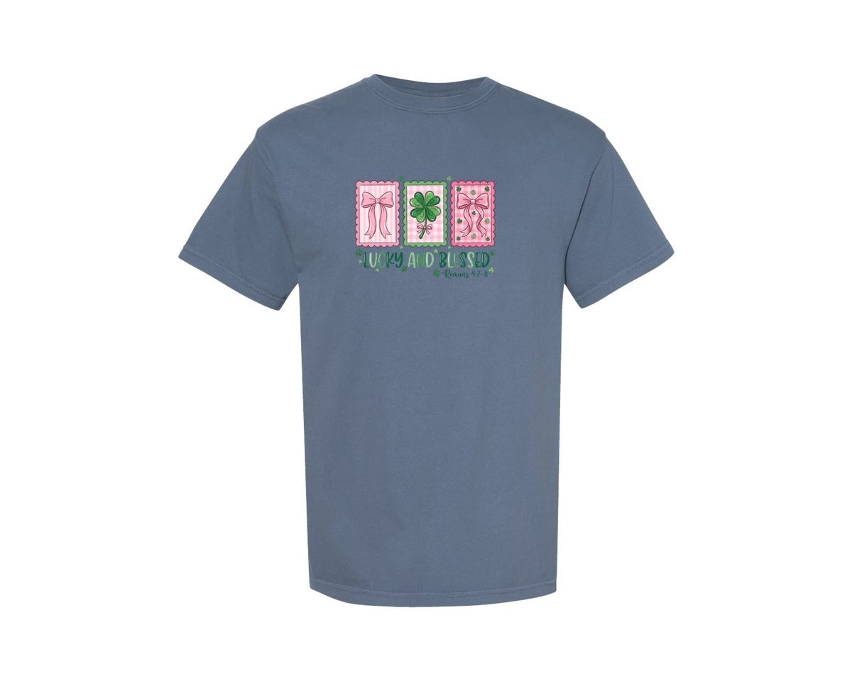 brand:Comfort Colors|color:Blue Jean|Lucky And Blessed St Patrick Graphic T-Shirt