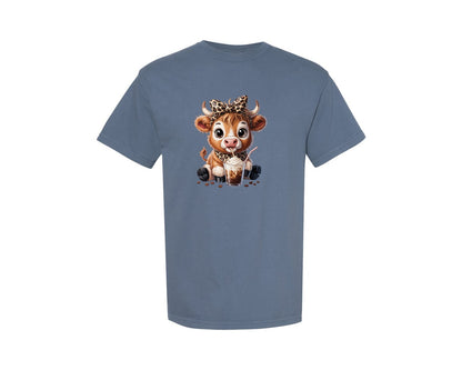 brand:Comfort Colors|color:Blue Jean|Coffee Cow Leopard Bow Latte Girl Graphic T-Shirt