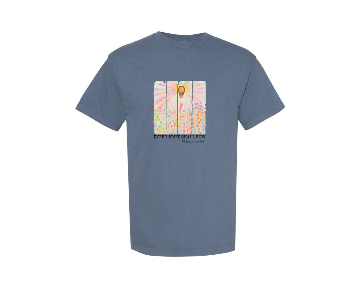 brand:Comfort Colors|color:Blue Jean|Every Knee Shall Bow Jesus Graphic T-Shirt