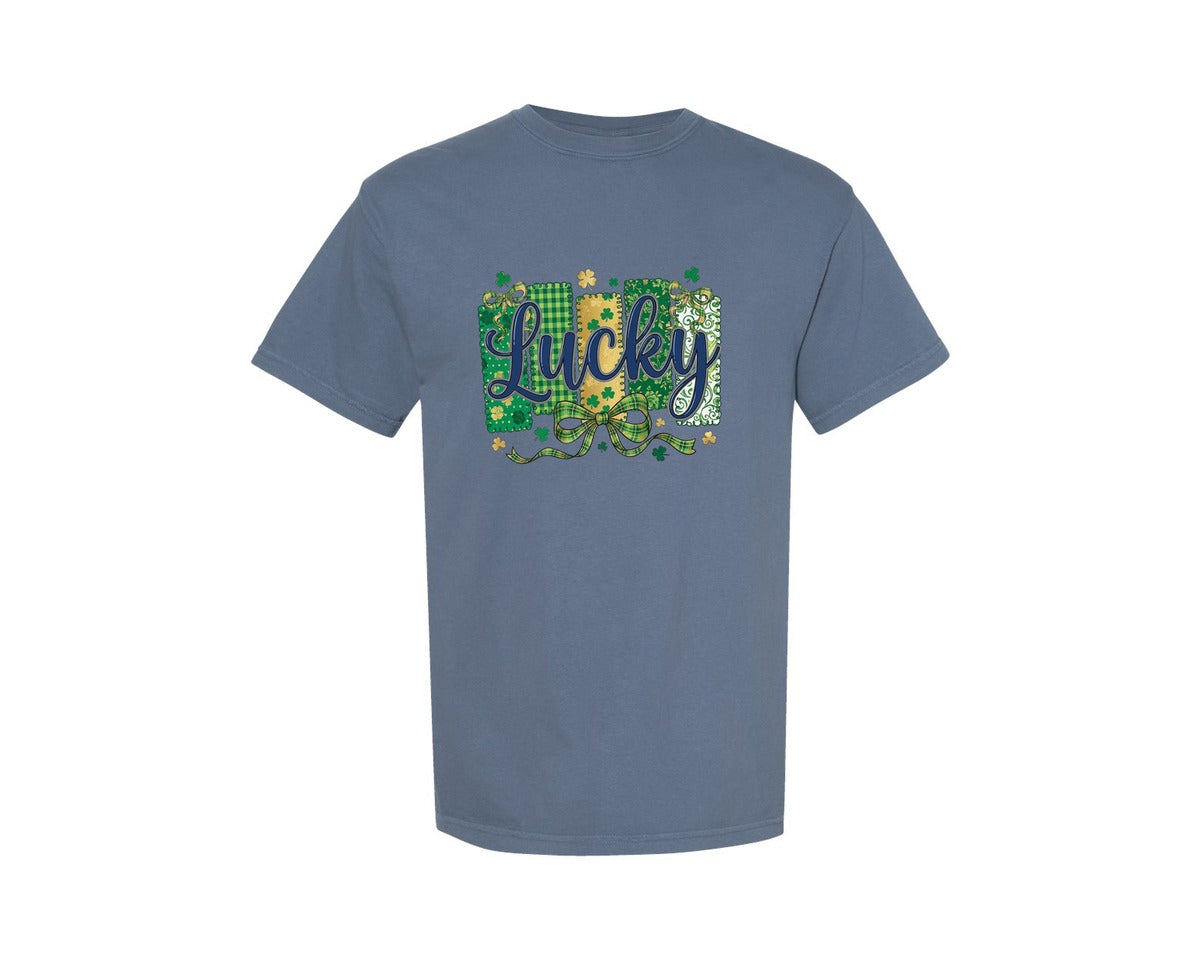 brand:Comfort Colors|color:Blue Jean|Lucky Shamrock Blessed Vibes 10 Graphic T-Shirt