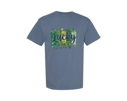 brand:Comfort Colors|color:Blue Jean|Lucky Shamrock Blessed Vibes 10 Graphic T-Shirt