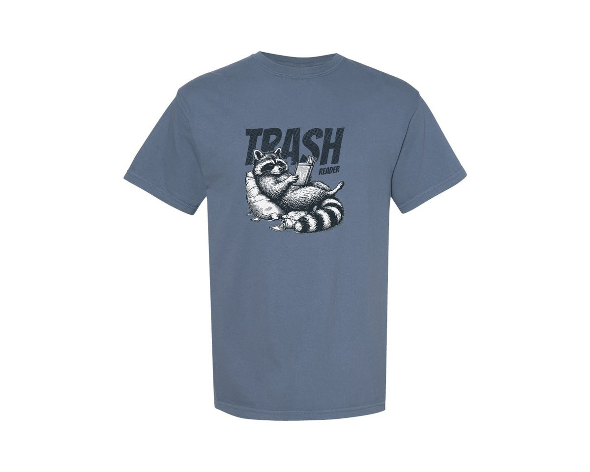 brand:Comfort Colors|color:Blue Jean|Raccoon Reading Shirt Trash Reader Graphic T-Shirt