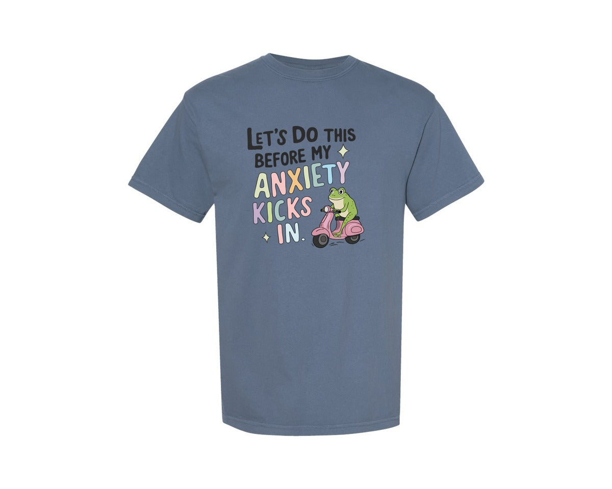 brand:Comfort Colors|color:Blue Jean|Anxiety Scooter Frog Cute Pastel Graphic T-Shirt