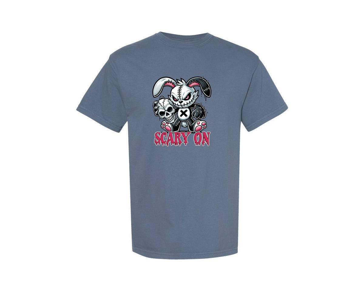 brand:Comfort Colors|color:Blue Jean|Scary On Creepy Halloween Bunny Graphic T-Shirt