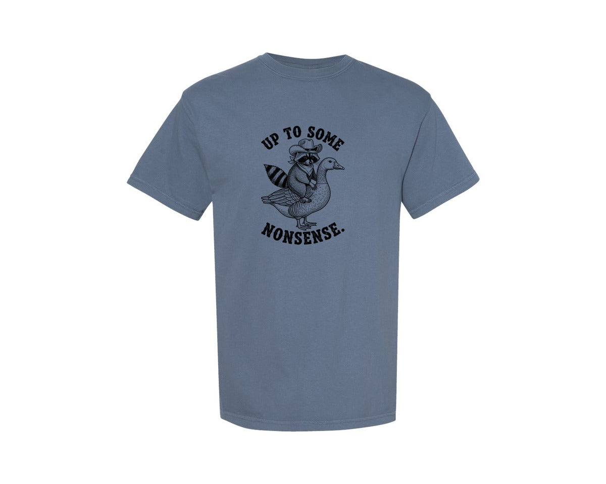 brand:Comfort Colors|color:Blue Jean|Funny Raccoon Riding Goose Vintage Graphic T-Shirt