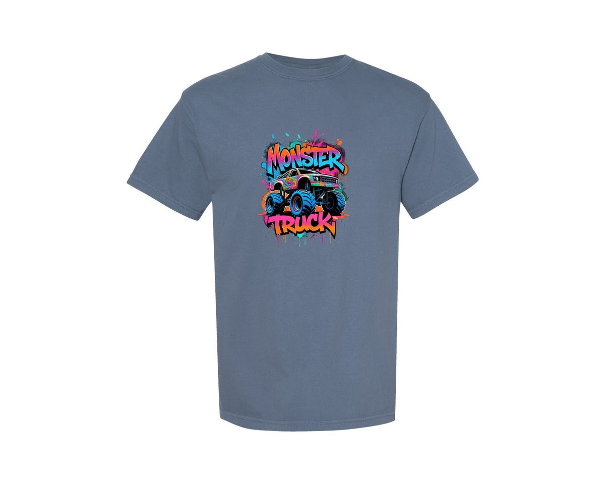 brand:Comfort Colors|color:Blue Jean|Monster Truck Retro Graffiti Art Graphic T-Shirt