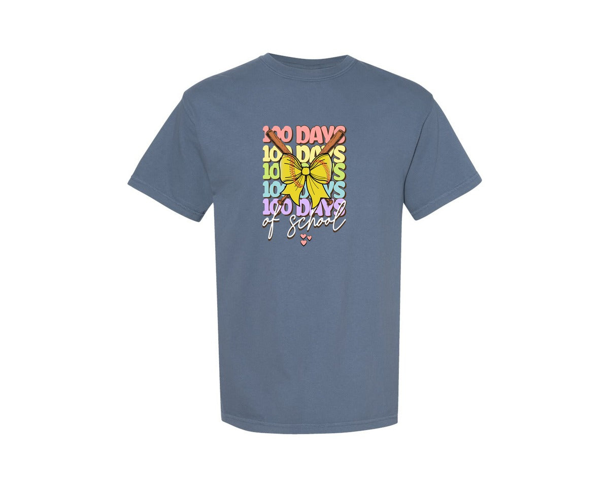 brand:Comfort Colors|color:Blue Jean|100 Days Of School Softball Graphic T-Shirt