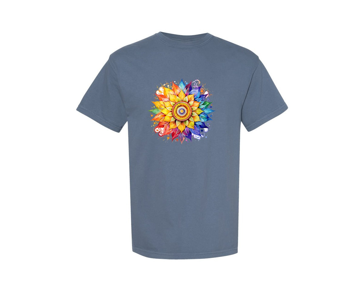 brand:Comfort Colors|color:Blue Jean|Retro Zen Sunflower Mandala Rainbow Graphic T-Shirt