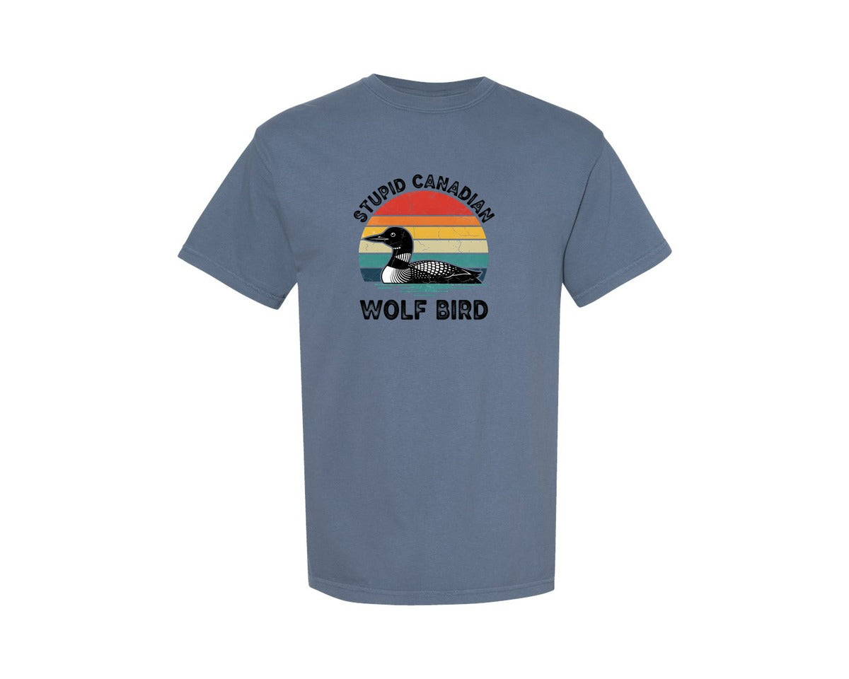 brand:Comfort Colors|color:Blue Jean|Retro Stupid Canadian Wolf Bird Graphic T-Shirt
