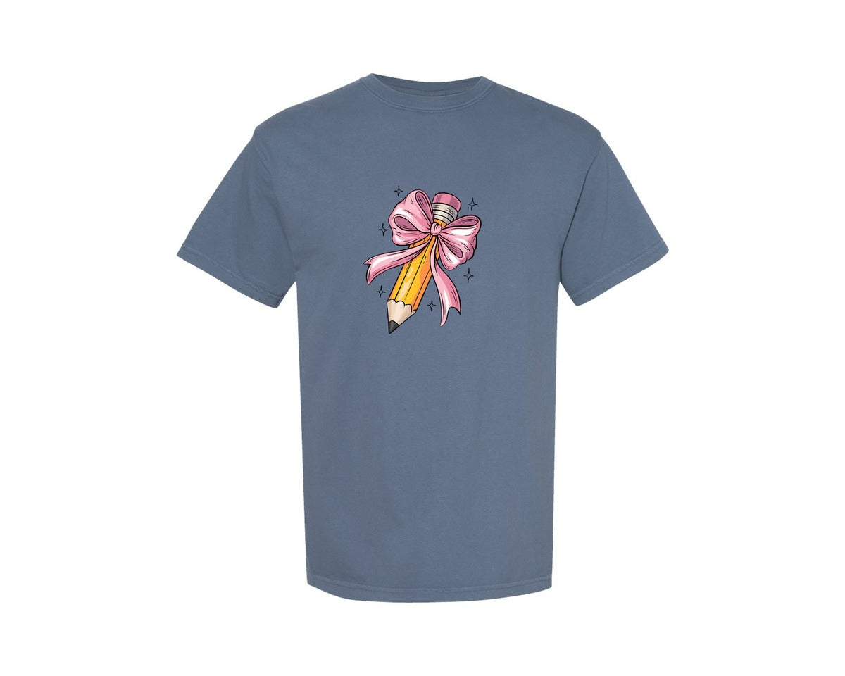 brand:Comfort Colors|color:Blue Jean|Teacher Coquette Bow Pencil Bow Graphic T-Shirt