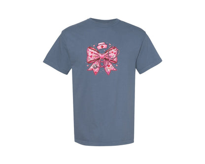 brand:Comfort Colors|color:Blue Jean|Valentine Nurse Coquette Bow 3 Graphic T-Shirt