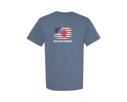 brand:Comfort Colors|color:Blue Jean|Heart Disease Awareness Usa Flag Graphic T-Shirt