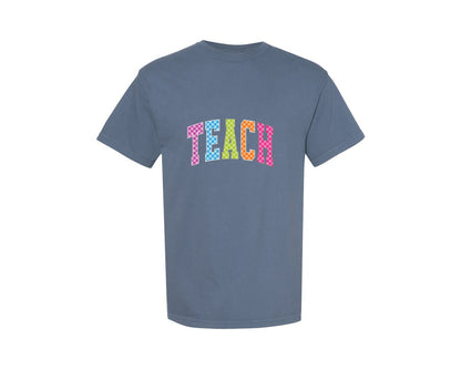 brand:Comfort Colors|color:Blue Jean|Teacher Checkered Teach Neon Preppy Graphic T-Shirt