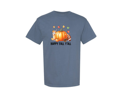 brand:Comfort Colors|color:Blue Jean|Happy Fall Yall Pumpkin Football Autumn Graphic T-Shirt