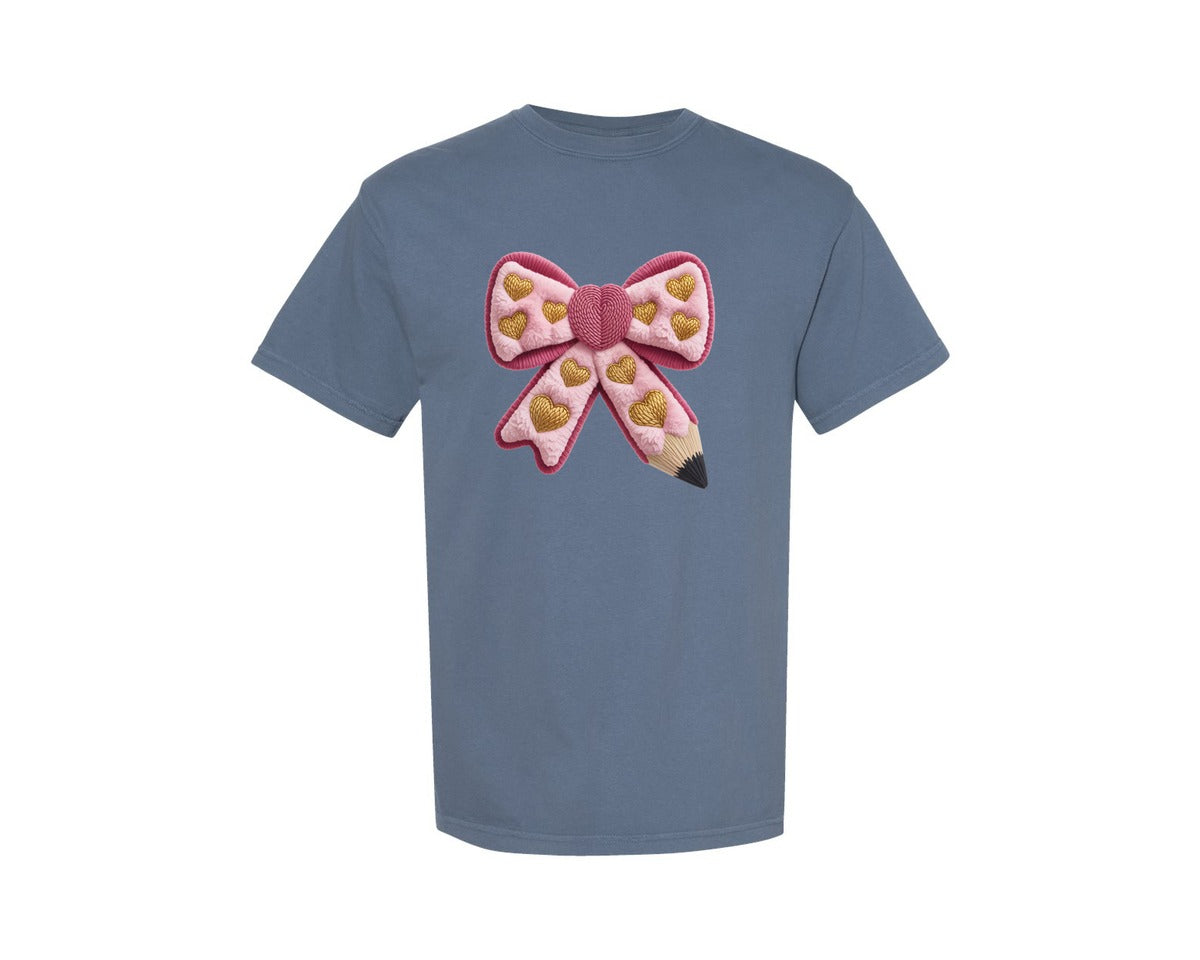 brand:Comfort Colors|color:Blue Jean|Embroidery Bow Pencil Teacher Design Graphic T-Shirt