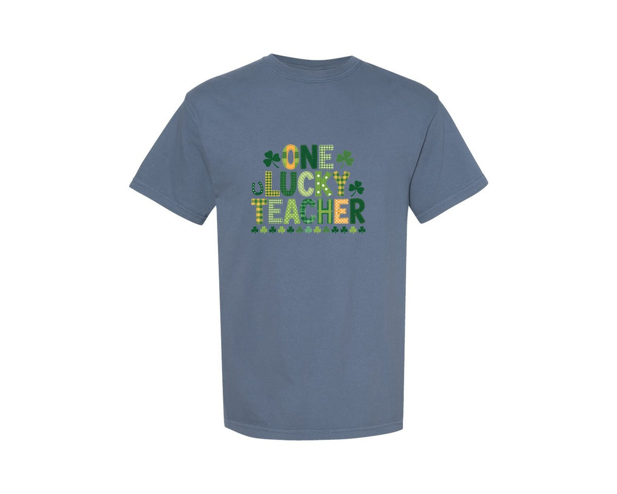 brand:Comfort Colors|color:Blue Jean|Leopard Shamrock Lucky St Patricks Day 4 Graphic T-Shirt