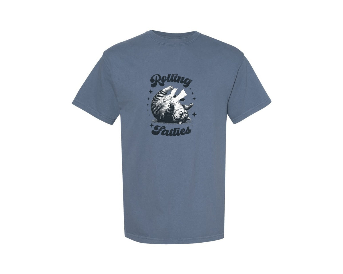 brand:Comfort Colors|color:Blue Jean|Rolling Fatties Cat Funny Cute Cat Shirt Graphic T-Shirt