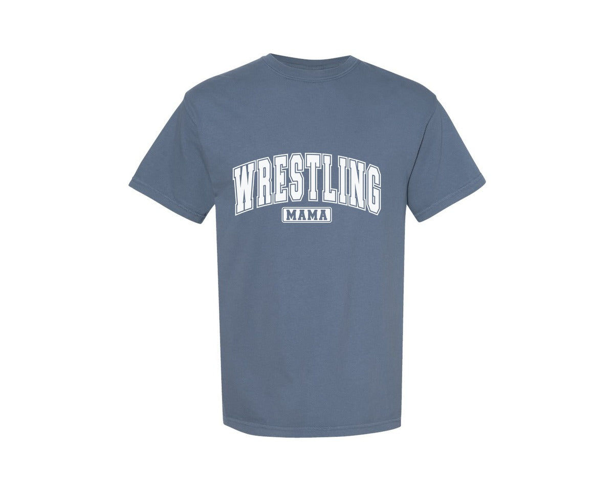 brand:Comfort Colors|color:Blue Jean|Wrestling Mama Wrestling Mom Varsity Graphic T-Shirt