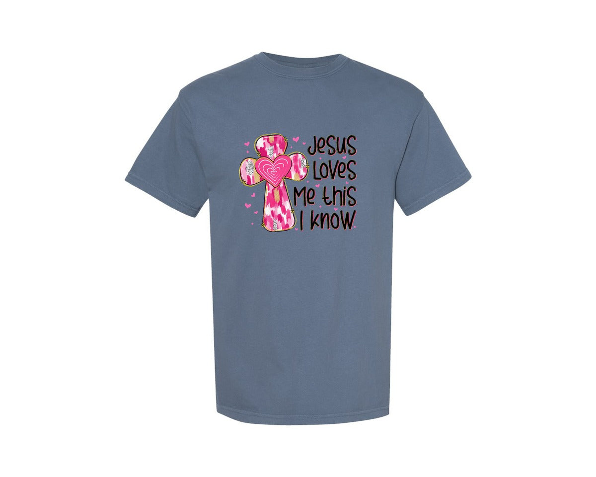 brand:Comfort Colors|color:Blue Jean|Jesus Loves Me This I Know Pink Cross Pn Graphic T-Shirt