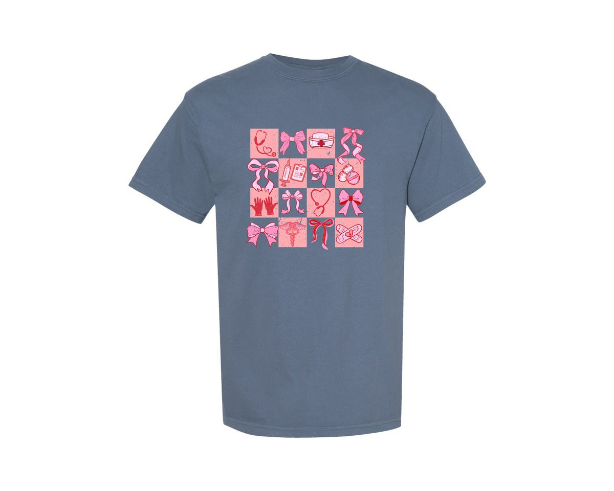 brand:Comfort Colors|color:Blue Jean|Nurse Valentine Coquette Preppy Girly Graphic T-Shirt