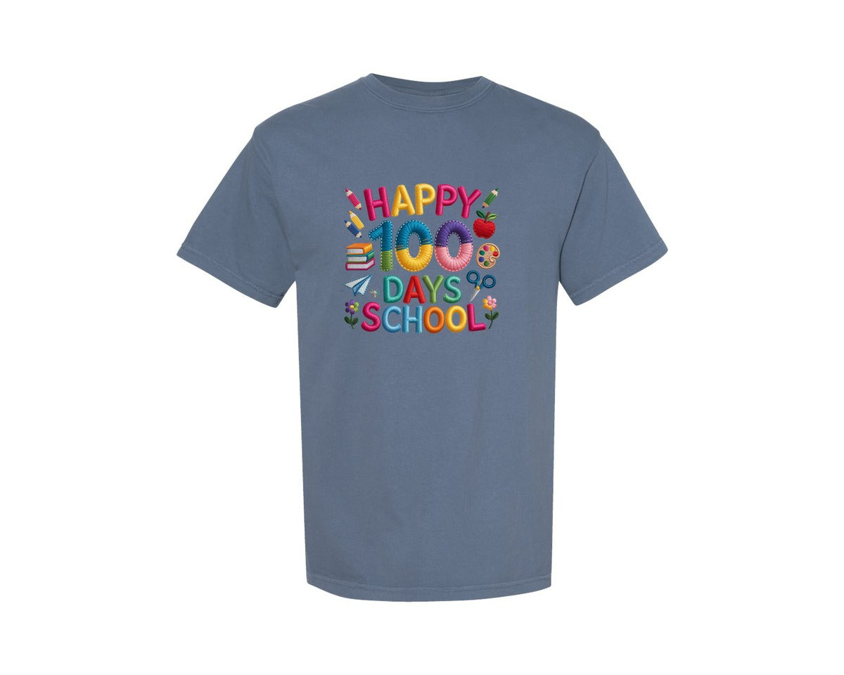 brand:Comfort Colors|color:Blue Jean|Knitted Happy 100 Days Of School 2 Graphic T-Shirt