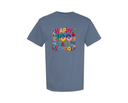 brand:Comfort Colors|color:Blue Jean|Knitted Happy 100 Days Of School 2 Graphic T-Shirt