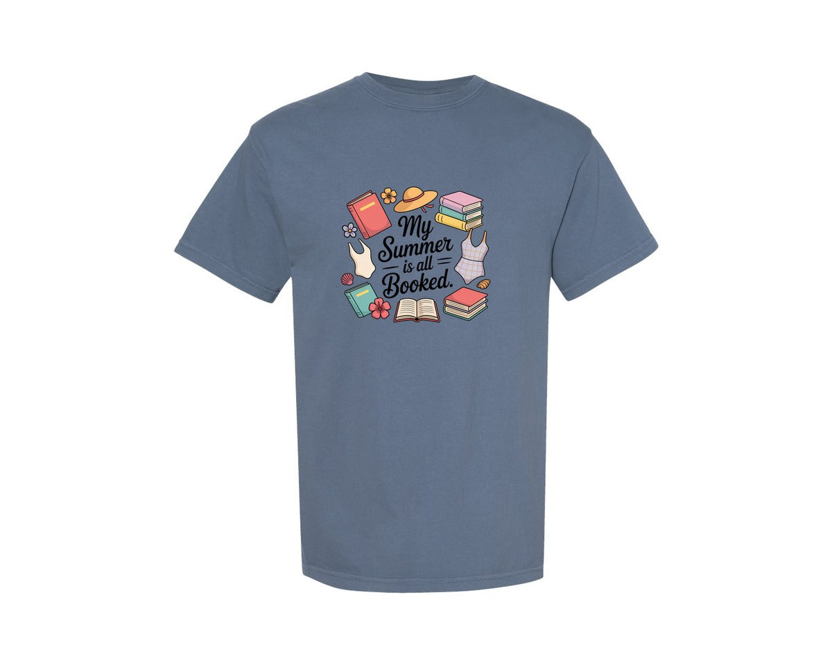 brand:Comfort Colors|color:Blue Jean|Cute Bookish Beach Aesthetic Summer Graphic T-Shirt