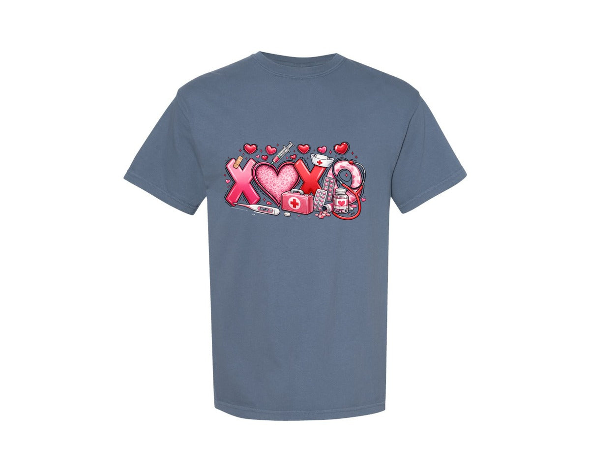 brand:Comfort Colors|color:Blue Jean|Nurse Xoxo Nurse Valentine Graphic T-Shirt