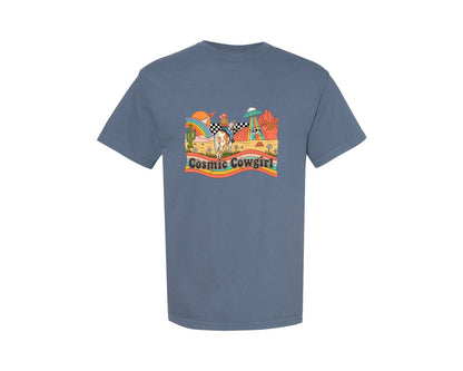 brand:Comfort Colors|color:Blue Jean|Cosmic Cowgirl Space Cow Ufo Sun Graphic T-Shirt