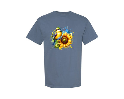 brand:Comfort Colors|color:Blue Jean|Bird Sunflower Flower Graphic T-Shirt