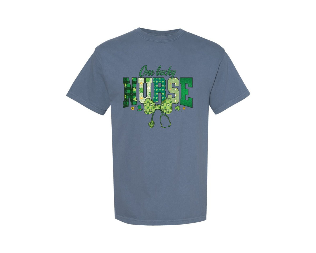brand:Comfort Colors|color:Blue Jean|Nurse St Patricks One Lucky Nurse Graphic T-Shirt