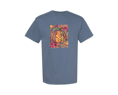 brand:Comfort Colors|color:Blue Jean|Fall Floral Pumpkin Boho Fall Graphic T-Shirt