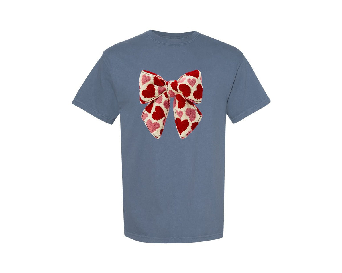 brand:Comfort Colors|color:Blue Jean|Faux Yarn Crochet Coquette Heart Bow Graphic T-Shirt