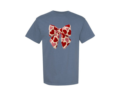 brand:Comfort Colors|color:Blue Jean|Faux Yarn Crochet Coquette Heart Bow Graphic T-Shirt