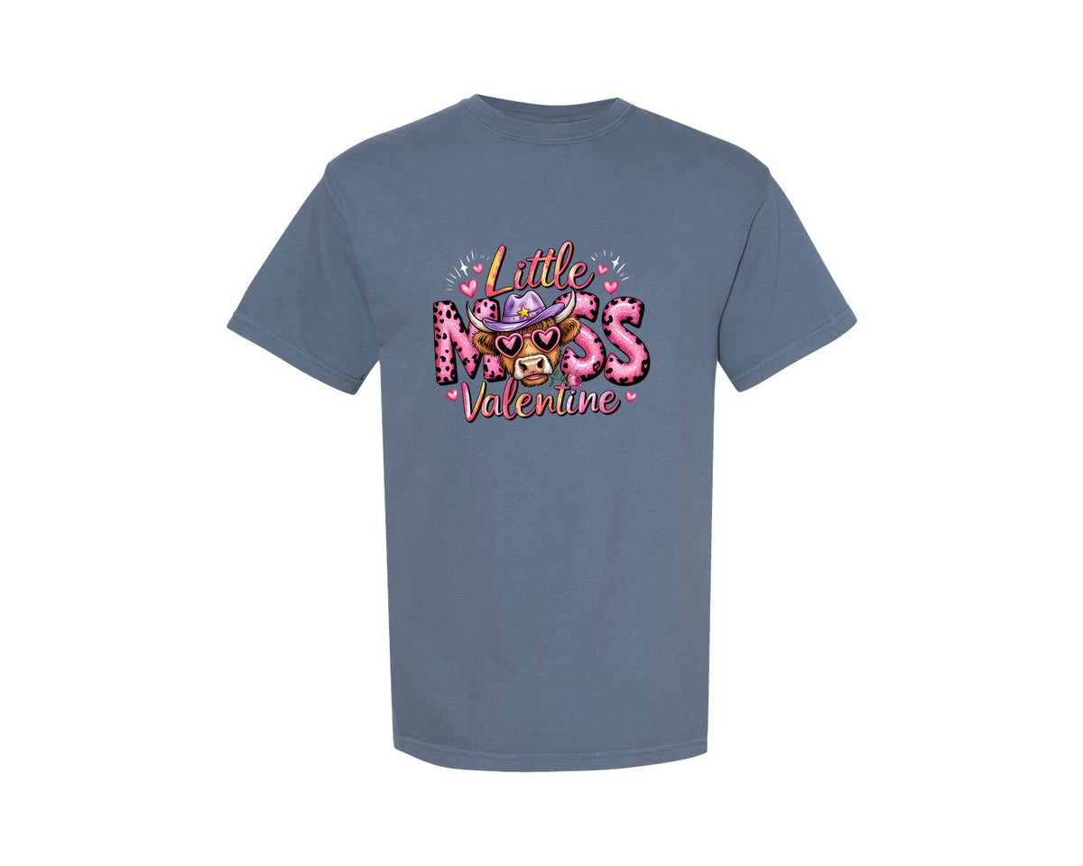 brand:Comfort Colors|color:Blue Jean|Highland Cow Little Miss Valentine Graphic T-Shirt