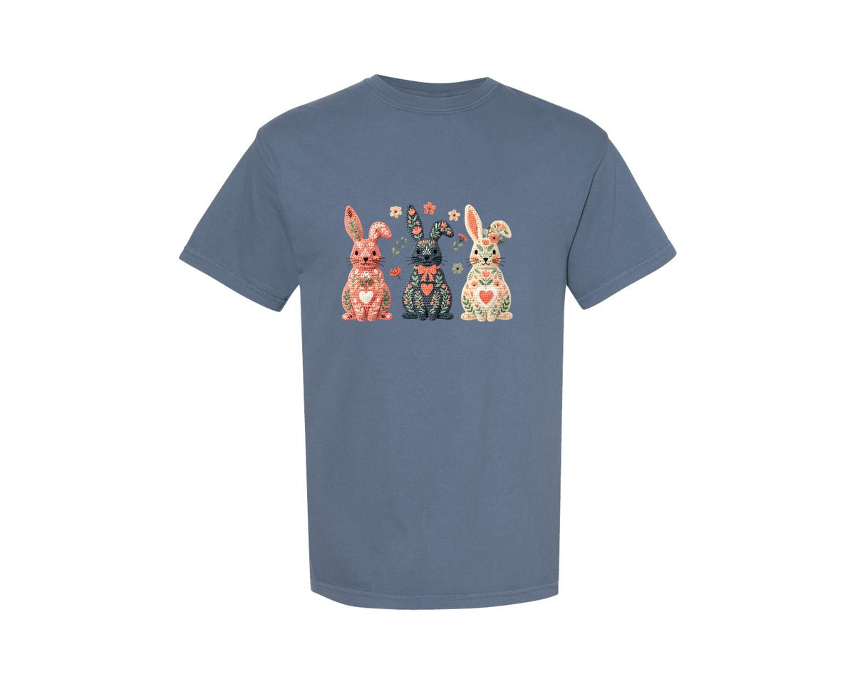 brand:Comfort Colors|color:Blue Jean|Crochet Easter Bunny Floral Coquette Graphic T-Shirt