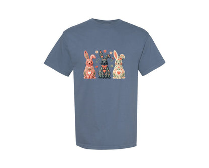 brand:Comfort Colors|color:Blue Jean|Crochet Easter Bunny Floral Coquette Graphic T-Shirt