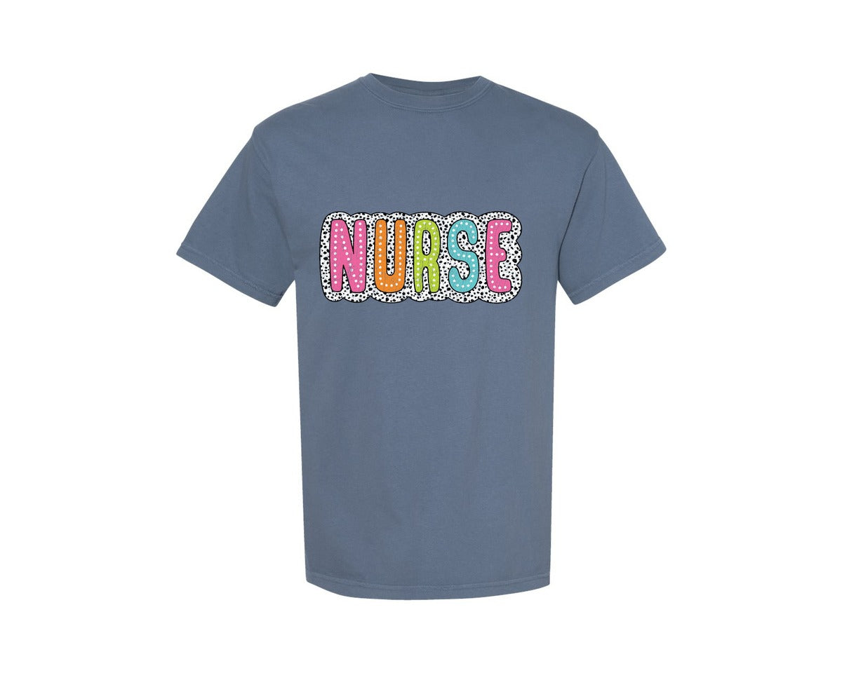 brand:Comfort Colors|color:Blue Jean|Nurse Dalmatian Dots Bright Doodle Graphic T-Shirt