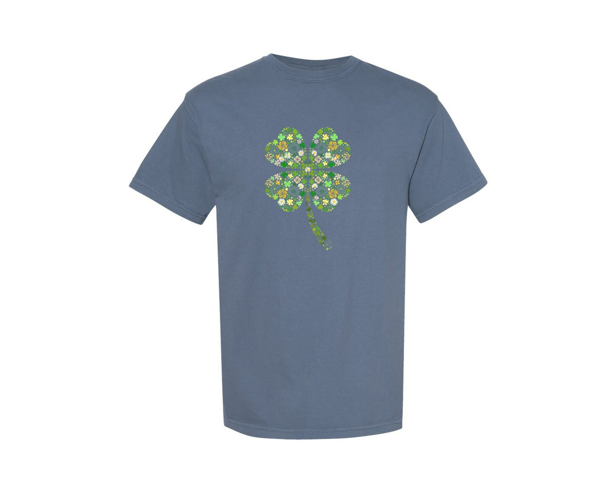 brand:Comfort Colors|color:Blue Jean|Floral Leaf Clover St Patricks Day Graphic T-Shirt