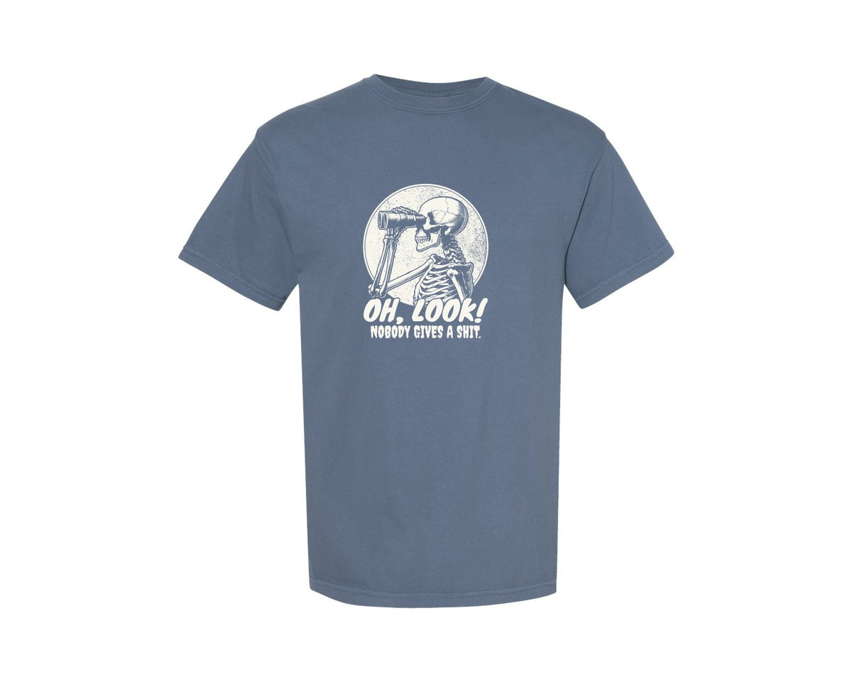 brand:Comfort Colors|color:Blue Jean|Oh Look Nobody Gives Skeleton Binoculars Graphic T-Shirt