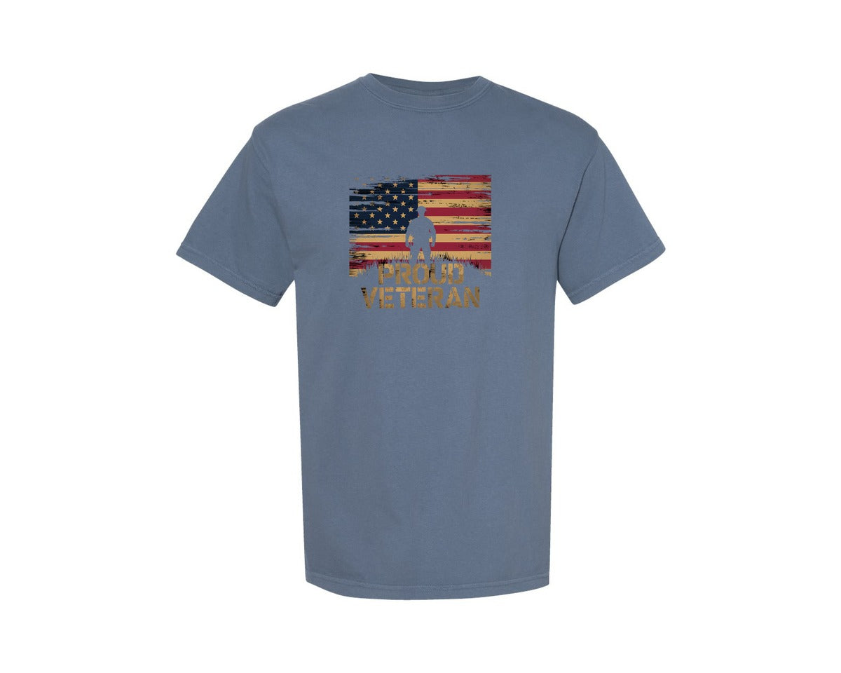 brand:Comfort Colors|color:Blue Jean|Proud Veteran American Flag Vintage Graphic T-Shirt