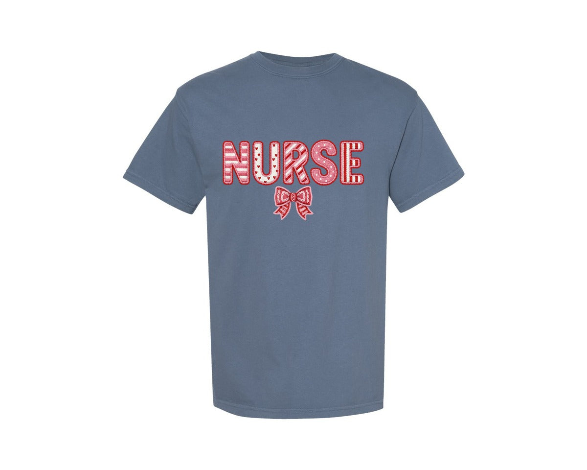 brand:Comfort Colors|color:Blue Jean|Yarn Faux Valentine Nurse Coquette Bow Graphic T-Shirt