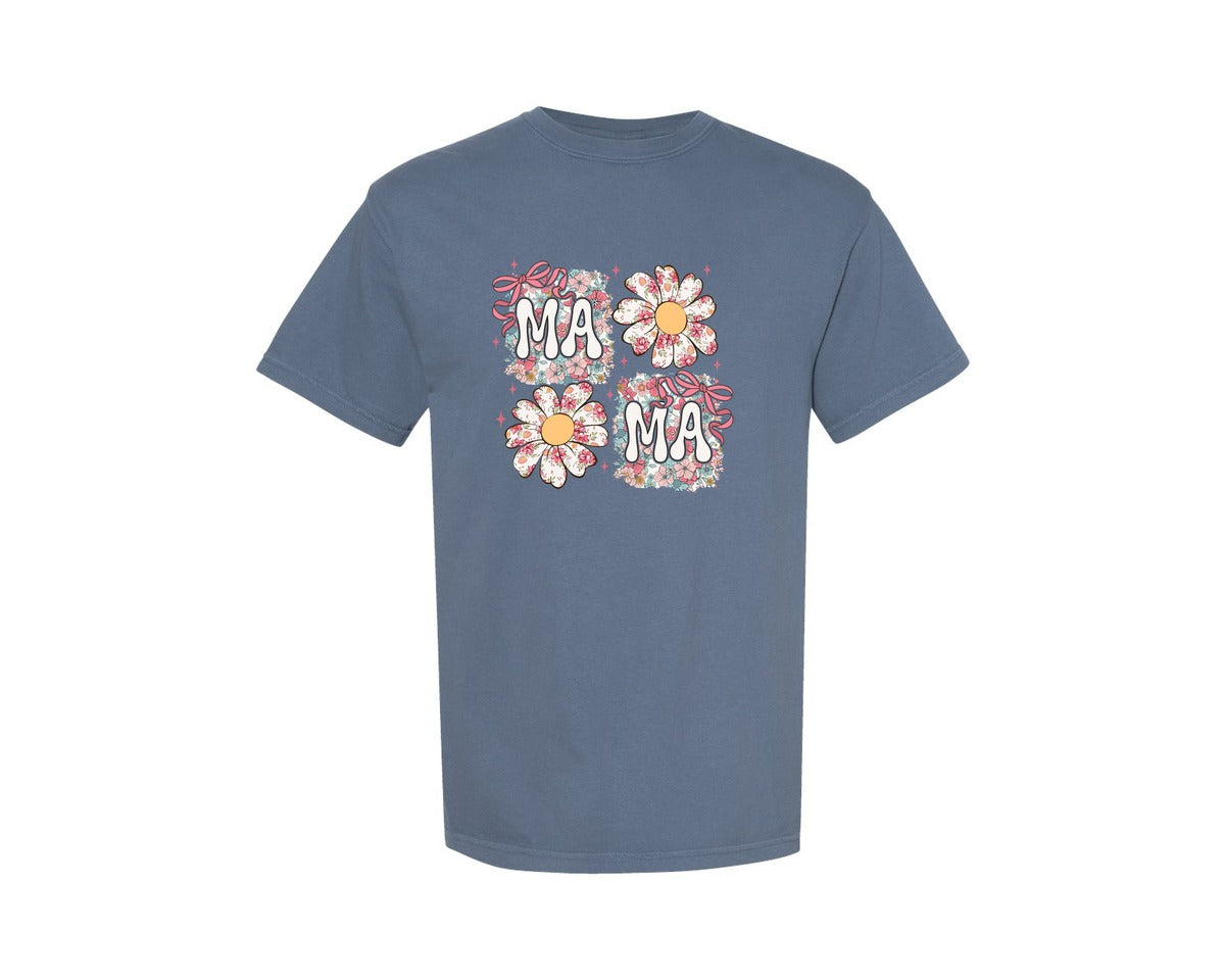 brand:Comfort Colors|color:Blue Jean|Floral Mama Pink Daisy Bow Graphic T-Shirt