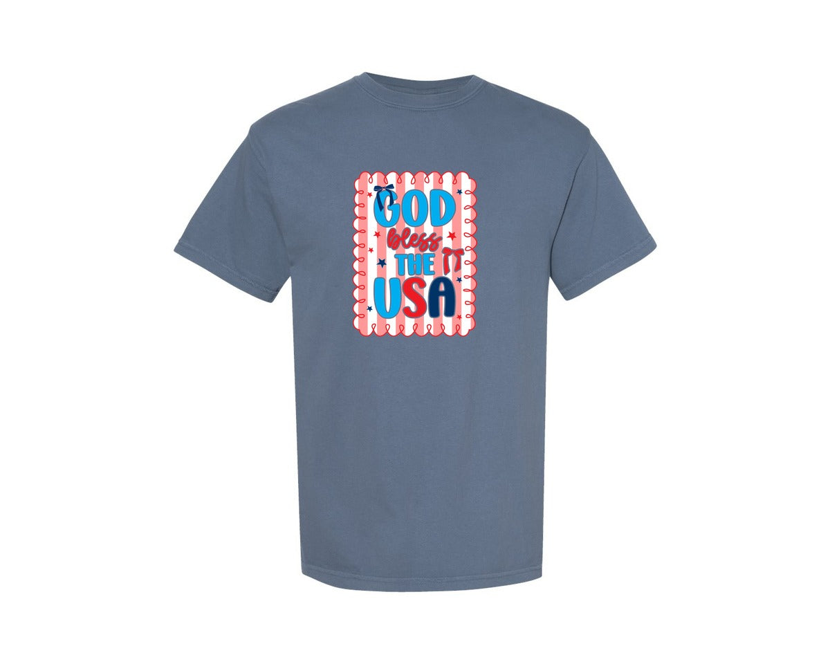 brand:Comfort Colors|color:Blue Jean|Preppy 4Th Of July Coquette Usa Graphic T-Shirt