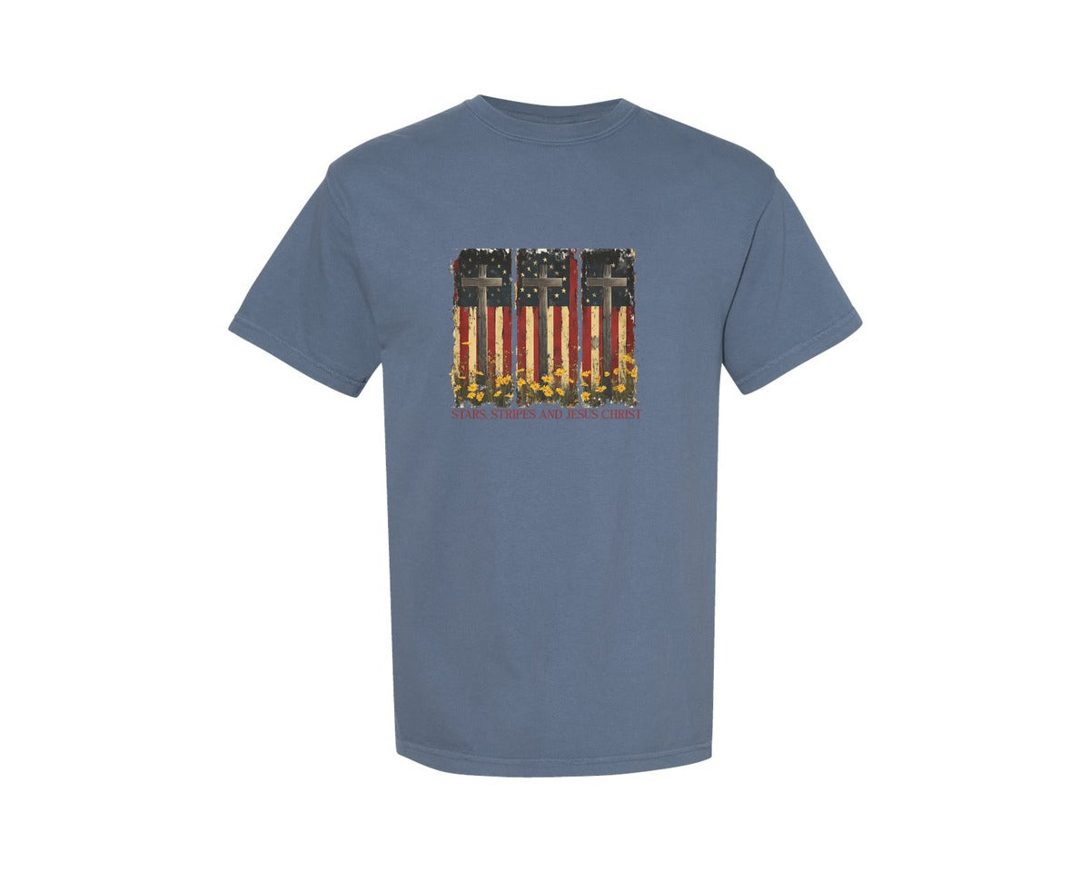 brand:Comfort Colors|color:Blue Jean|Stars And Stripes And Jesus Christ Graphic T-Shirt