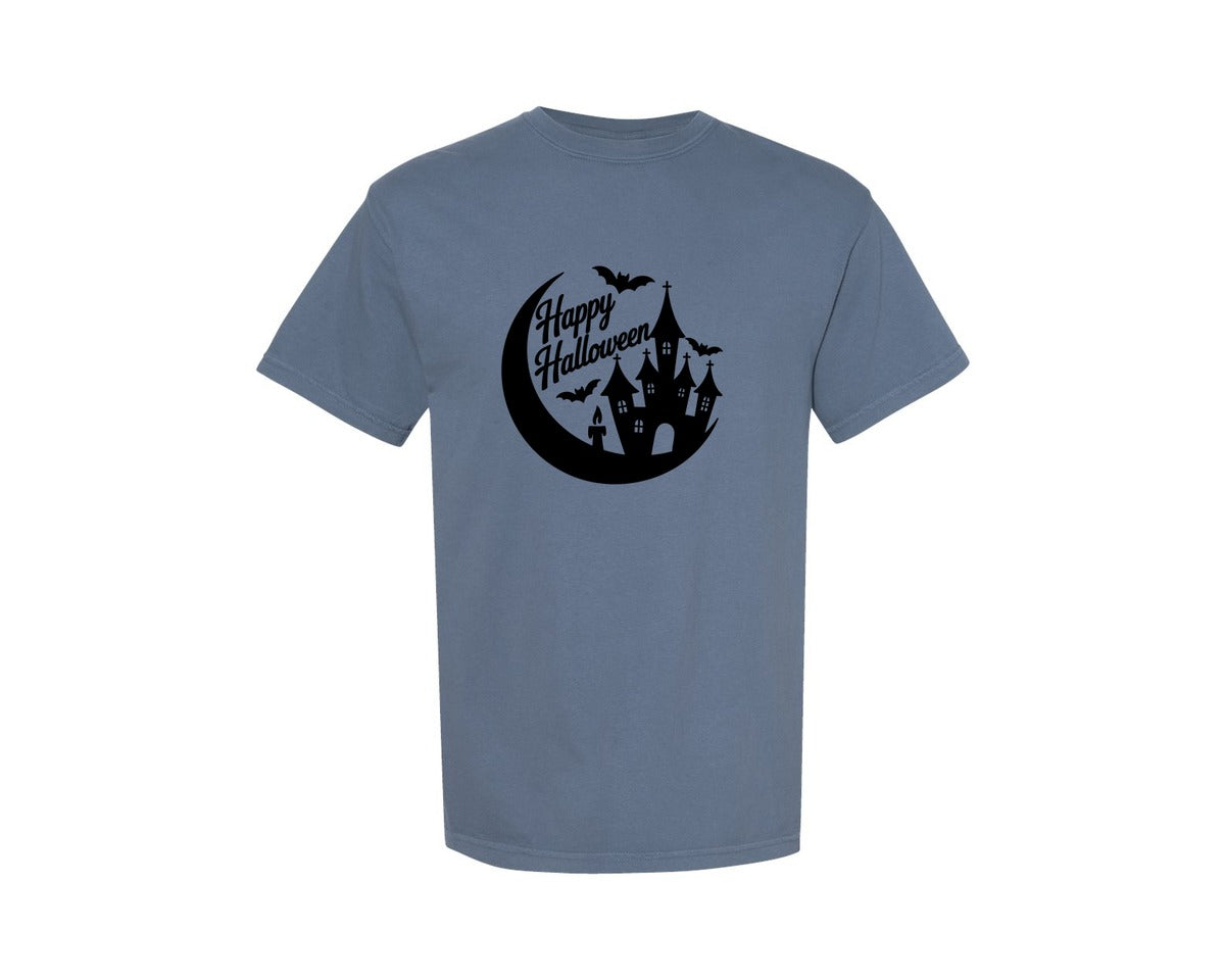 brand:Comfort Colors|color:Blue Jean|Happy Halloween Haunted House Graphic T-Shirt
