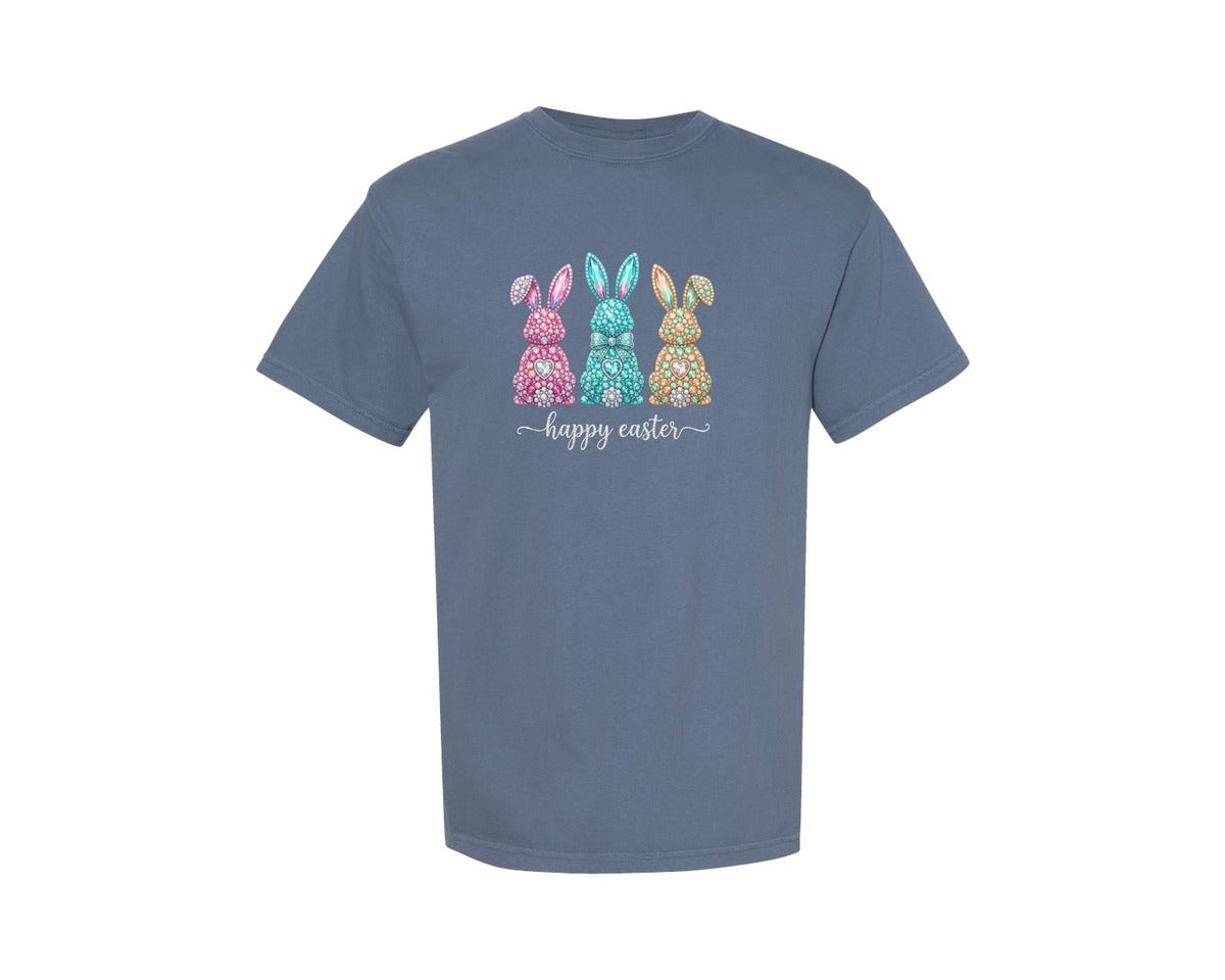 brand:Comfort Colors|color:Blue Jean|Happy Easter Rhinestone Bunnies Graphic T-Shirt