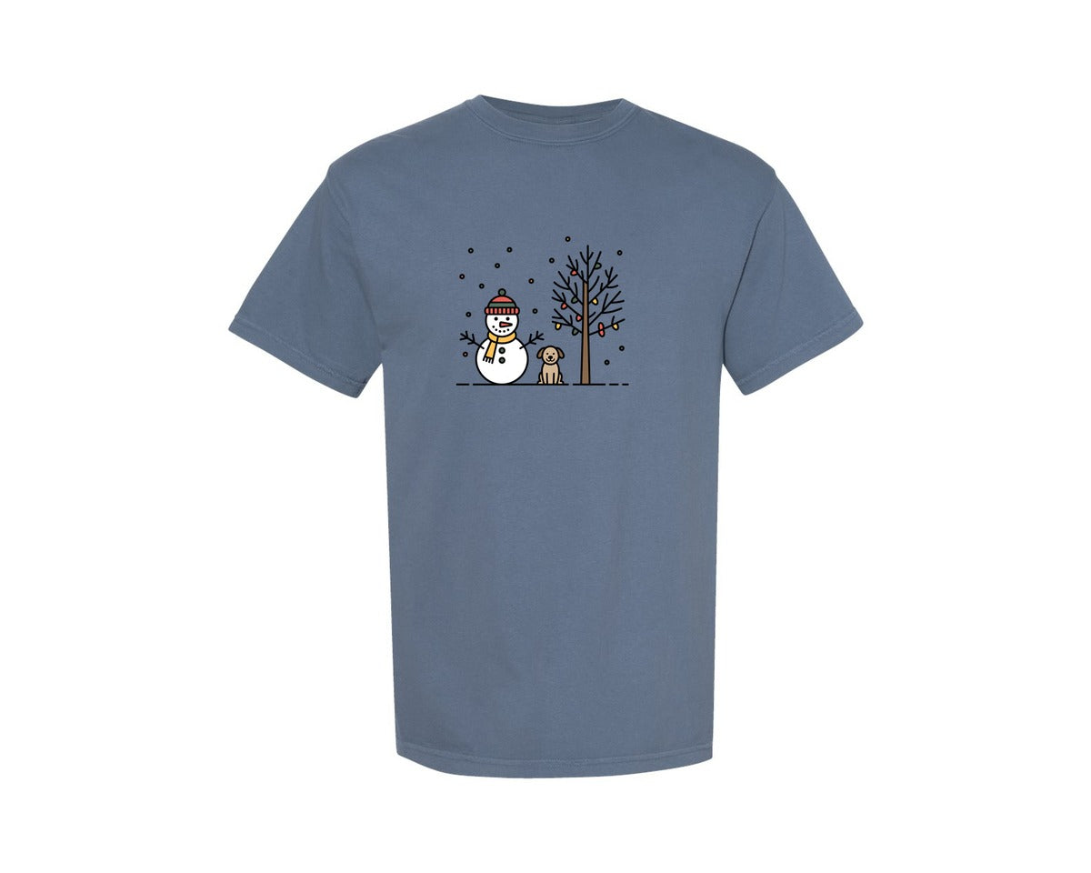 brand:Comfort Colors|color:Blue Jean|Snowman Dog Simple Winter Graphic T-Shirt
