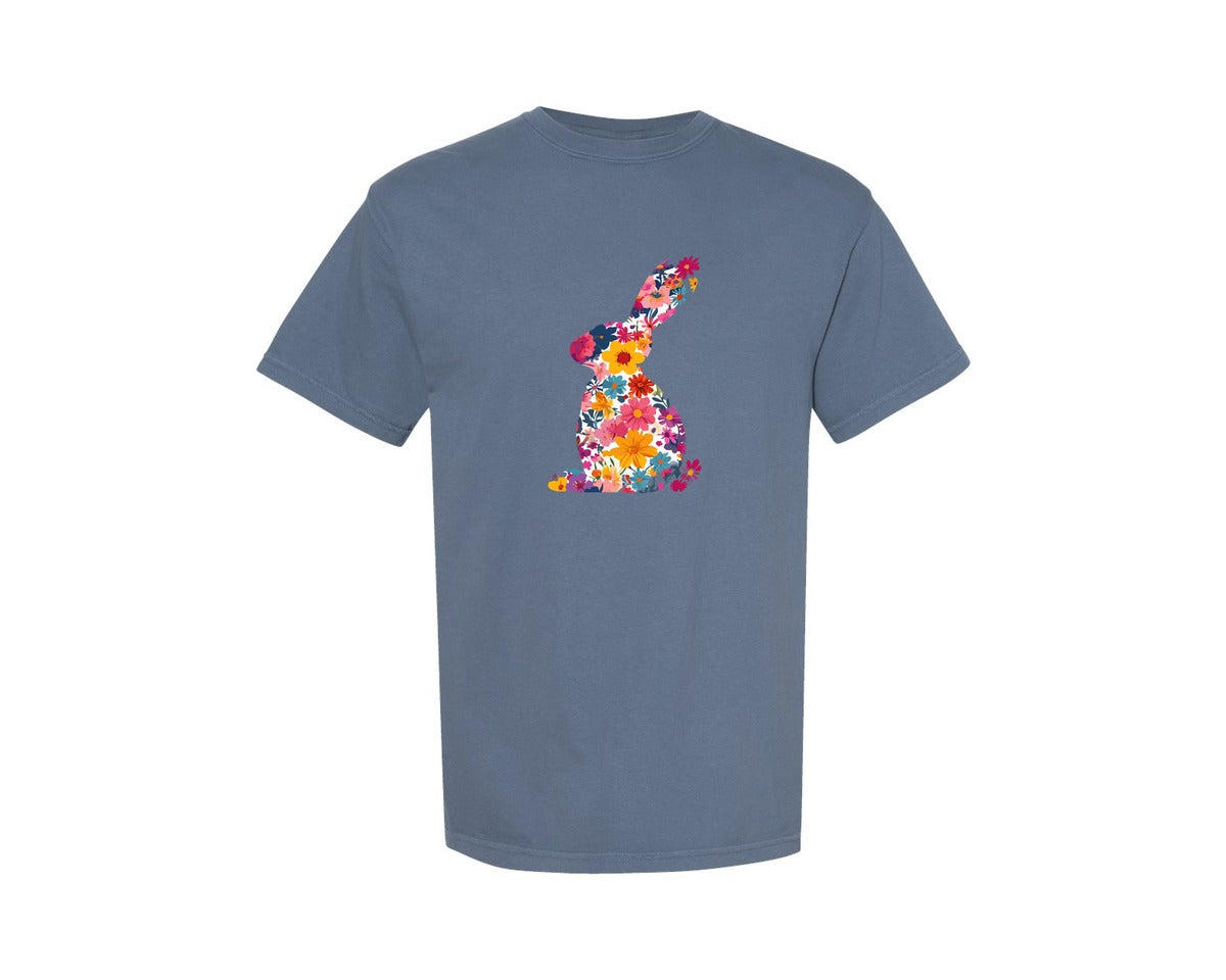 brand:Comfort Colors|color:Blue Jean|Floral Bunny Easter Rabbit Graphic T-Shirt